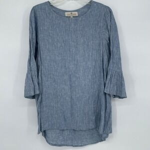 Crown Linen Designs Bell Sleeve Tunic Top Blue Striped Linen Blend Womens S‎